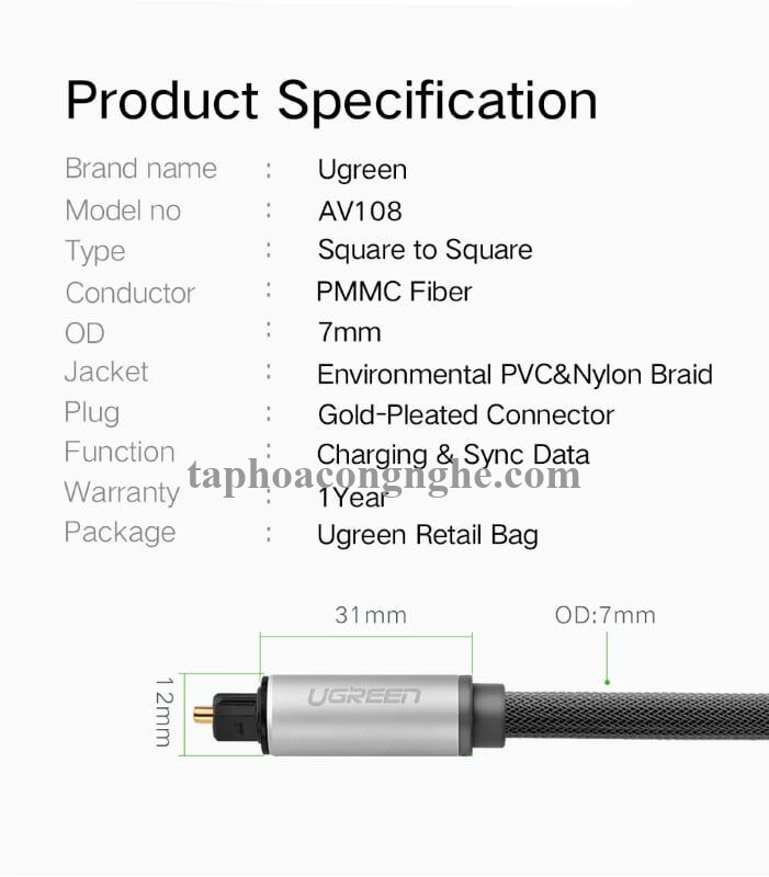 Ugreen 10541 3M màu Xám Dây cáp quang âm thanh 2 đầu dương AV108 30010541